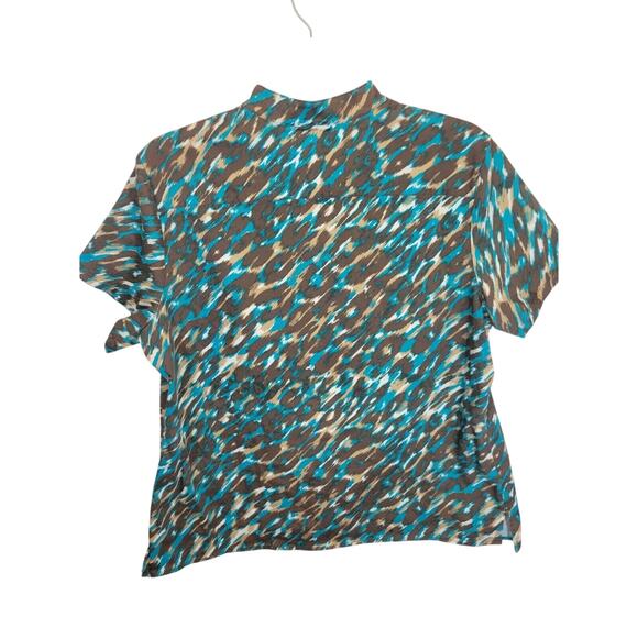 Chico's Additions Brown Teal Abstract Stretch Button Front Top Size 3 = XL (16) - Picture 2 of 11